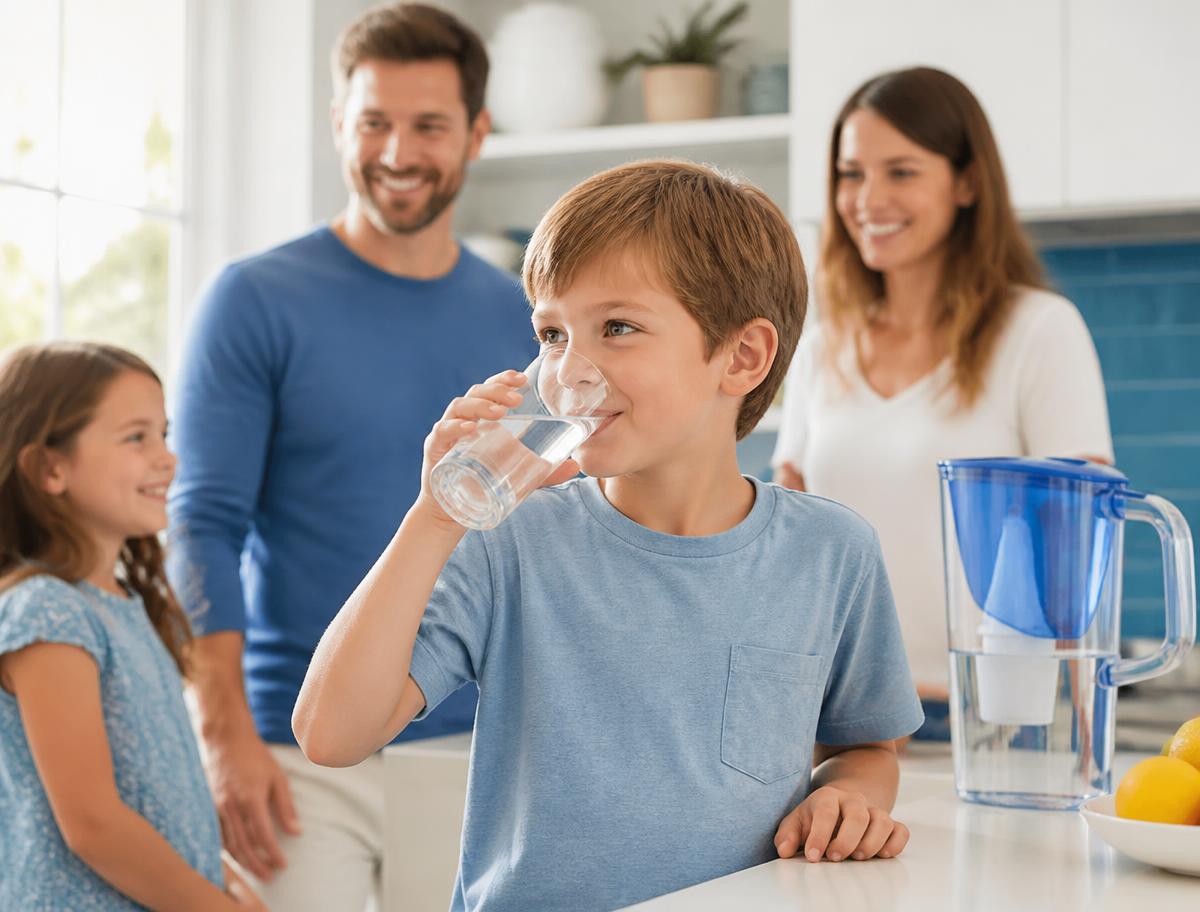 Family in their kitchen watching their son drink a glass of clean water