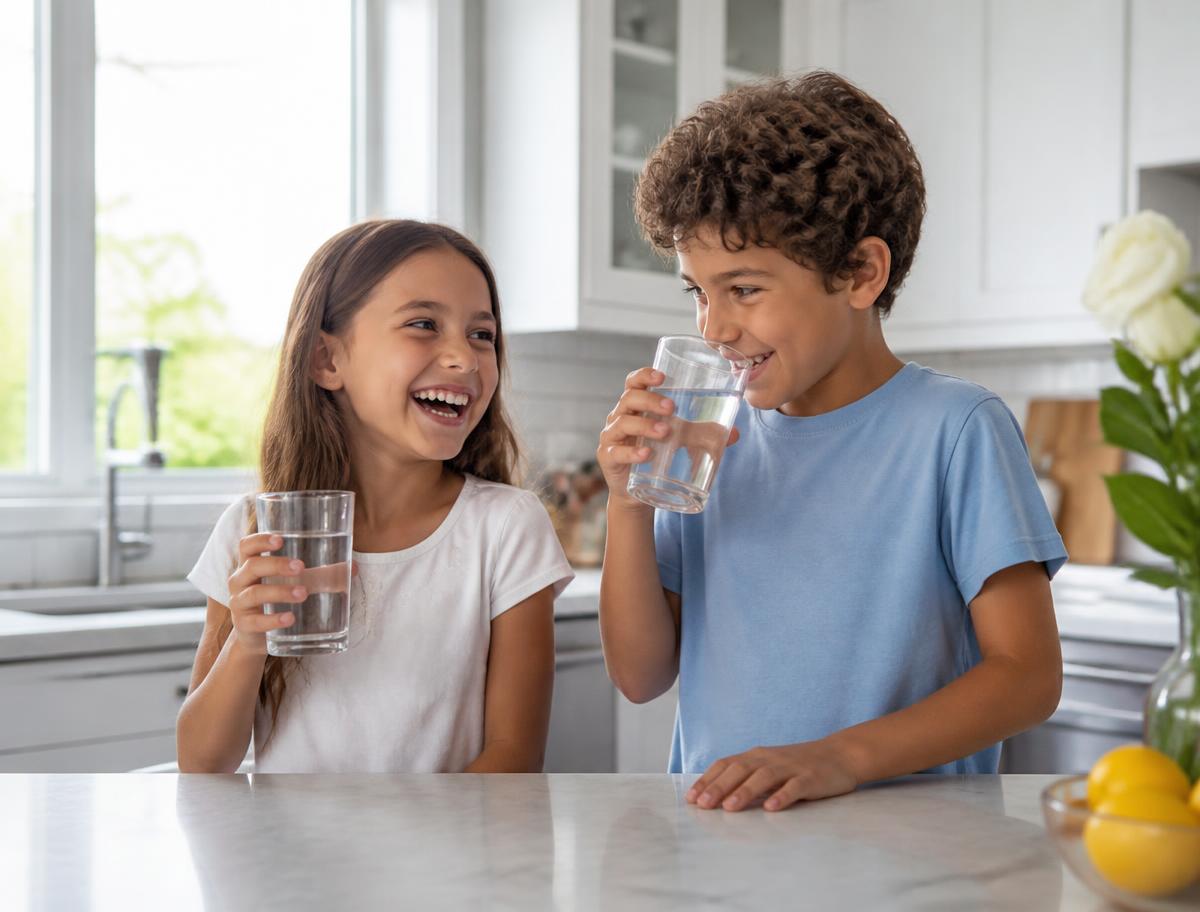 Children smiling as they drink clean, safe water
