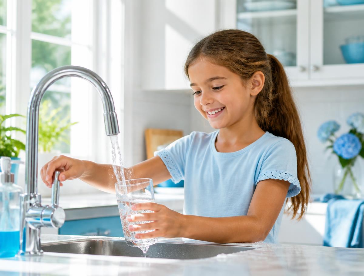 Child filling a glass with clean water at the kitchen tap